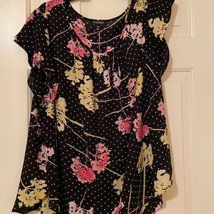 Black polka dot top with pink & yellow florals.